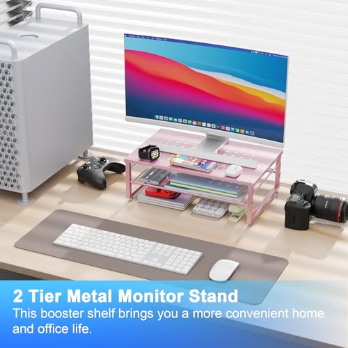 Gianotter 2Tier Metal Monitor Stand Riser Workspace Organizer with Desk Accessories Office Storage for Supplies Pink - Image 3
