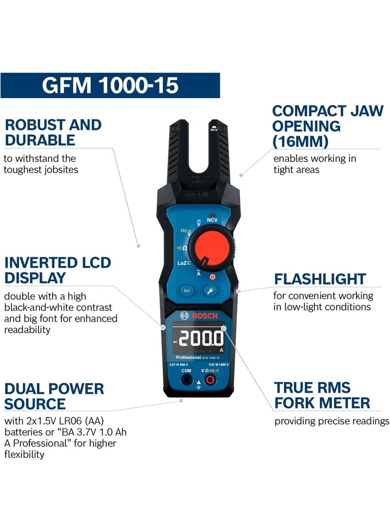 BOSCH Professional Fork Meter GFM 1000-15,True RMS Electrometer with Inverted LCD, 200A AC Open Jaw Clamp Tester, Contactless Voltage Detector, Electrician Multimeter, Compatible with MH 1 Magnetic Mount, Includes 2 AA Batteries - Image 3