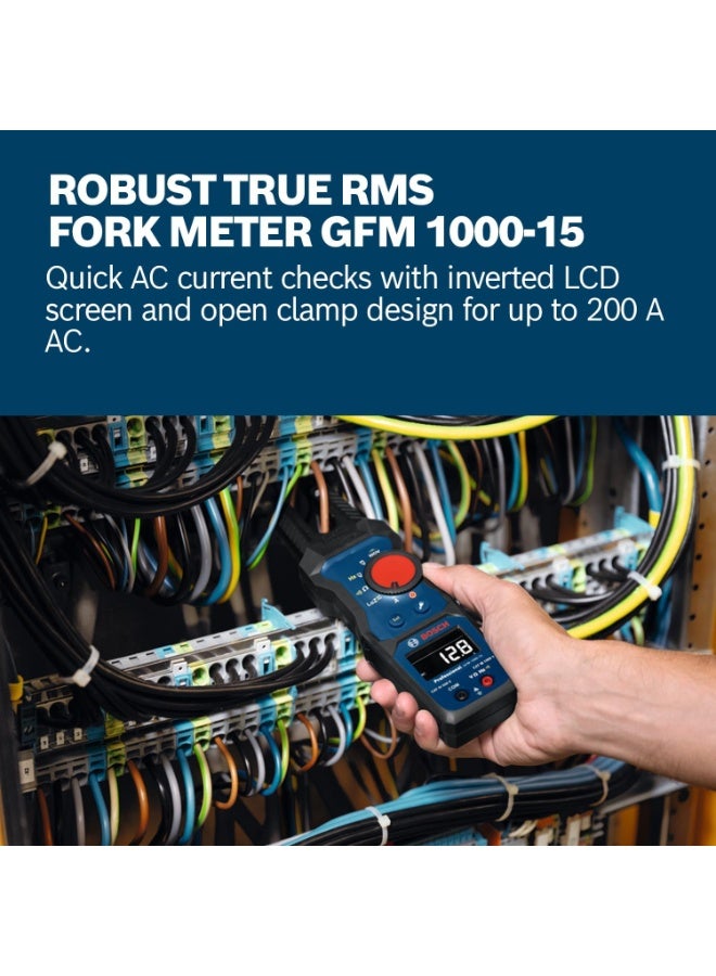 BOSCH Professional Fork Meter GFM 1000-15,True RMS Electrometer with Inverted LCD, 200A AC Open Jaw Clamp Tester, Contactless Voltage Detector, Electrician Multimeter, Compatible with MH 1 Magnetic Mount, Includes 2 AA Batteries - Image 2