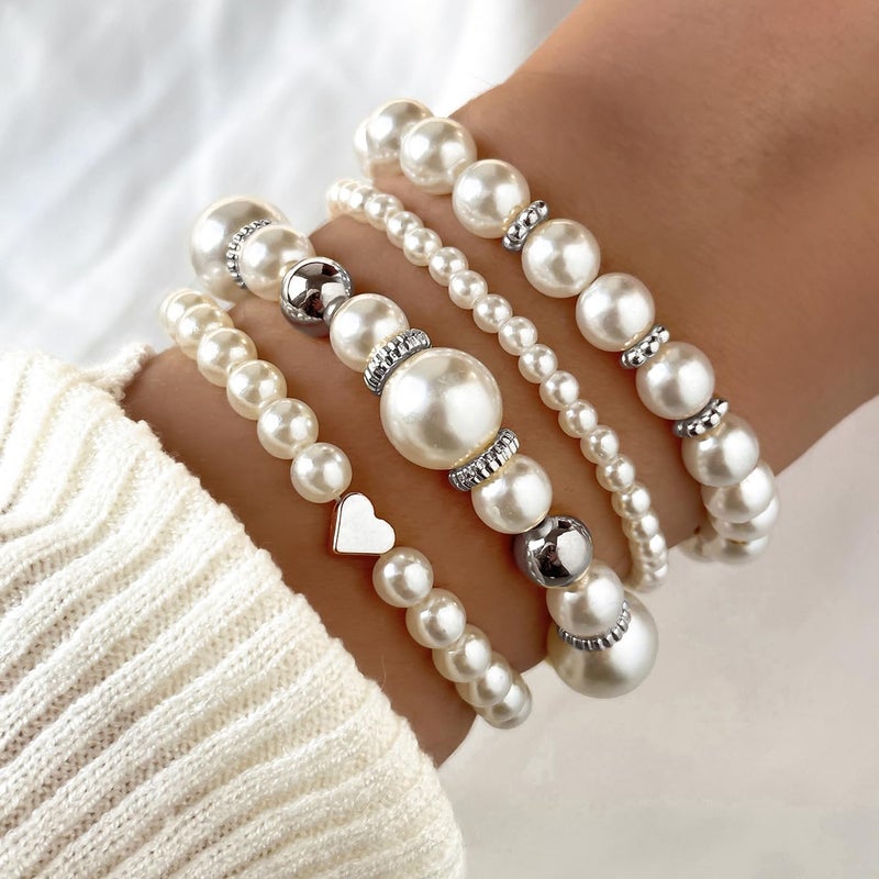 Hremhoo Pearl Bracelets for Women Simulated Pearl Beaded Bracelet White Pearls Stackable Stretch Bracelet Set Multilayered Elastic Pearls Bracelets for Women Bridesmaid Bridal Jewelry (silver) - Image 5