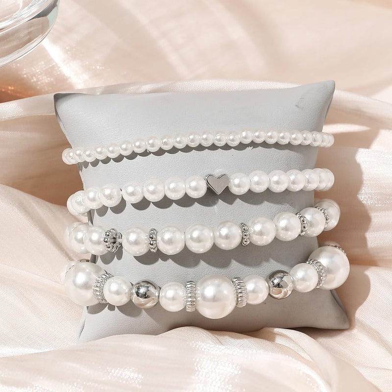 Hremhoo Pearl Bracelets for Women Simulated Pearl Beaded Bracelet White Pearls Stackable Stretch Bracelet Set Multilayered Elastic Pearls Bracelets for Women Bridesmaid Bridal Jewelry (silver) - Image 2