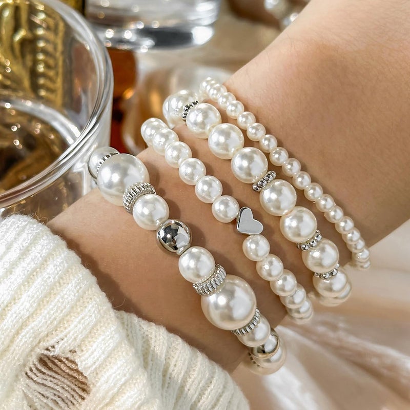 Hremhoo Pearl Bracelets for Women Simulated Pearl Beaded Bracelet White Pearls Stackable Stretch Bracelet Set Multilayered Elastic Pearls Bracelets for Women Bridesmaid Bridal Jewelry (silver) - Image 3