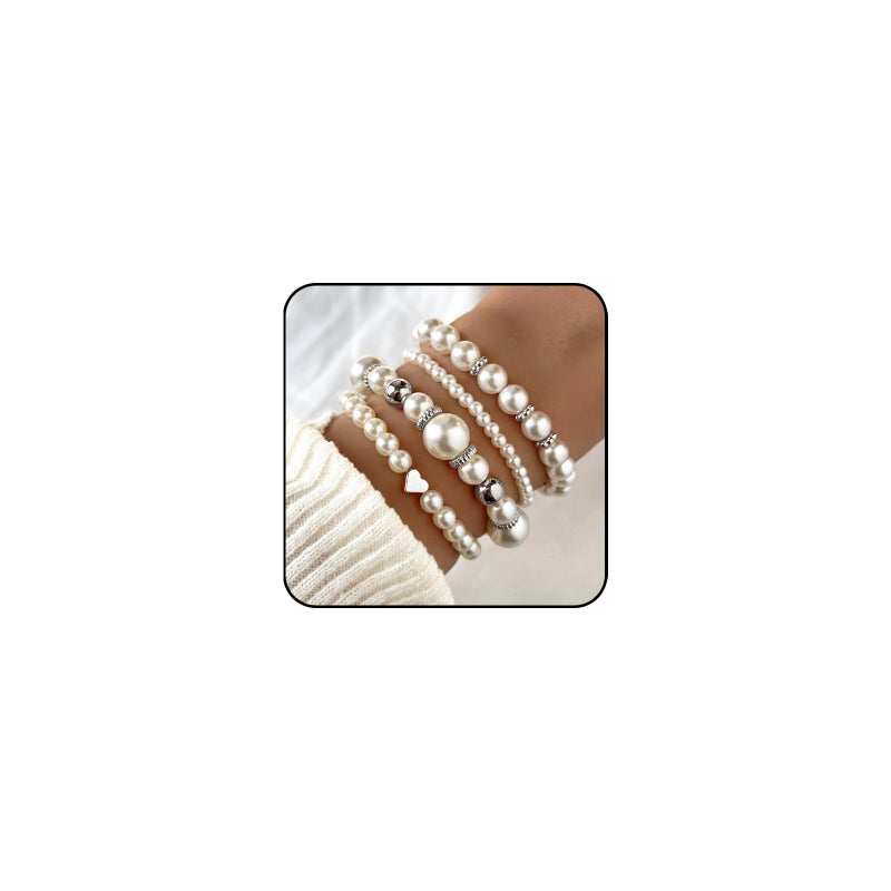 Hremhoo Pearl Bracelets for Women Simulated Pearl Beaded Bracelet White Pearls Stackable Stretch Bracelet Set Multilayered Elastic Pearls Bracelets for Women Bridesmaid Bridal Jewelry (silver) - Image 1