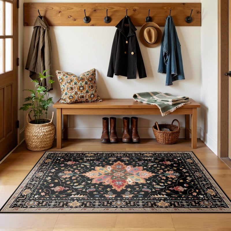 RELEANY Area Rugs 3'x5' Washable Non-Slip  Floral Vintage Distress Print Pattern Medallion Carpet for Living Room Bedroom Dining Room  Black Colorful Floral Dark Tan - Image 3