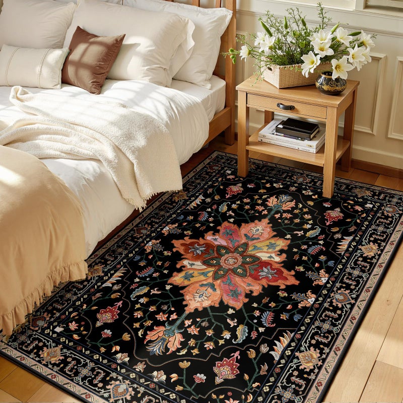RELEANY Area Rugs 3'x5' Washable Non-Slip  Floral Vintage Distress Print Pattern Medallion Carpet for Living Room Bedroom Dining Room  Black Colorful Floral Dark Tan - Image 2