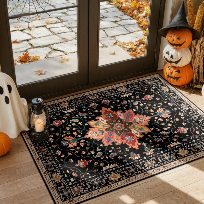 RELEANY Area Rugs 3'x5' Washable Non-Slip  Floral Vintage Distress Print Pattern Medallion Carpet for Living Room Bedroom Dining Room  Black Colorful Floral Dark Tan - Image 1