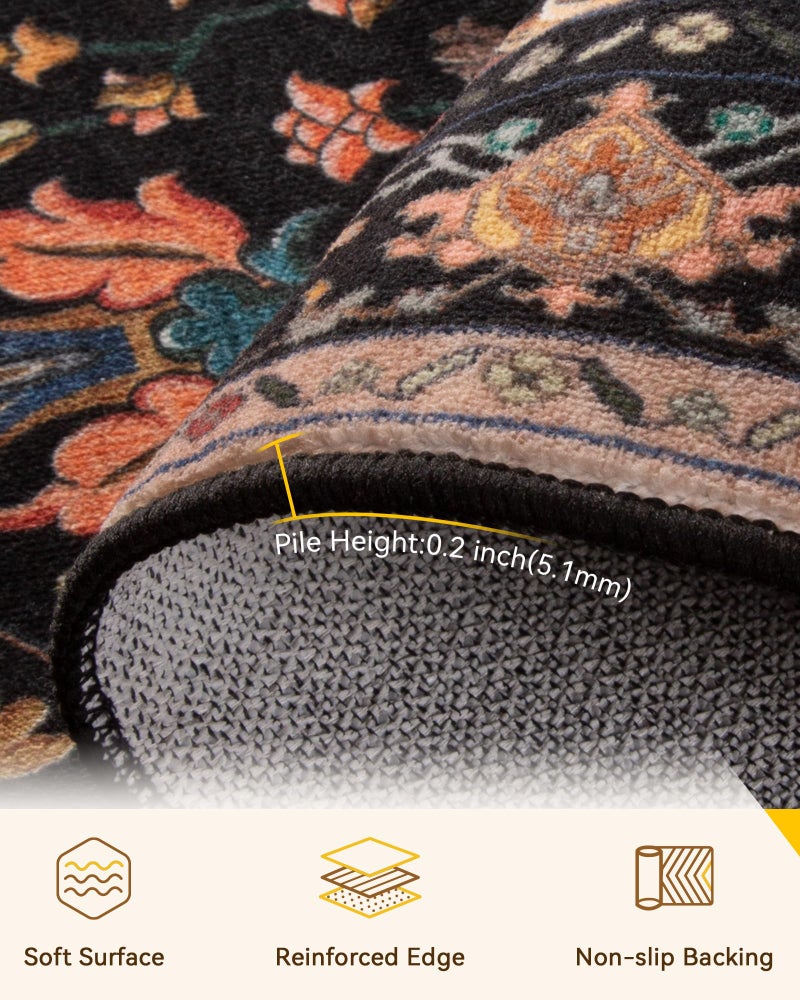 RELEANY Area Rugs 3'x5' Washable Non-Slip  Floral Vintage Distress Print Pattern Medallion Carpet for Living Room Bedroom Dining Room  Black Colorful Floral Dark Tan - Image 5