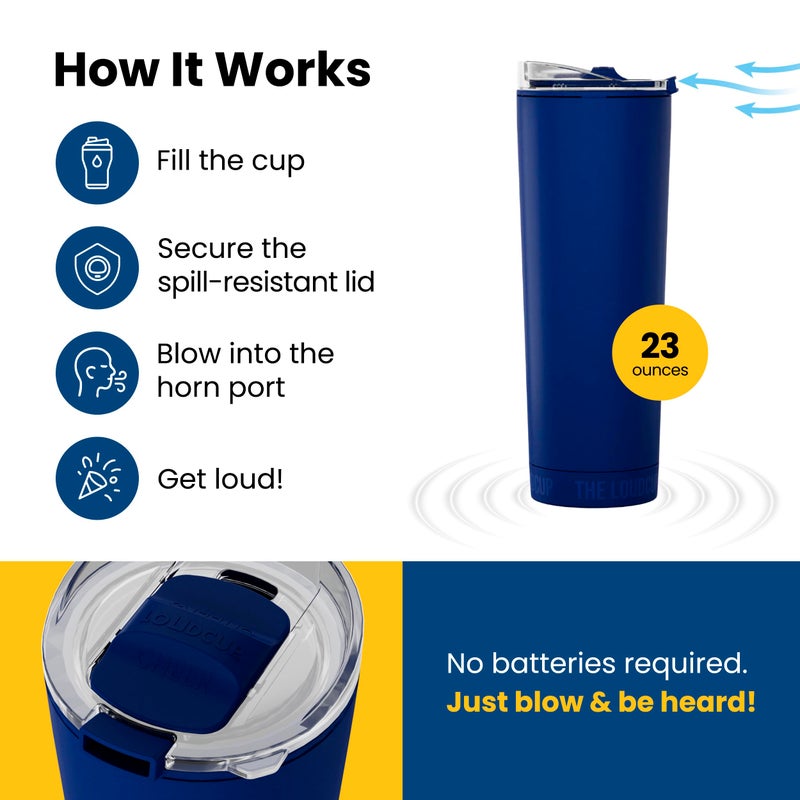 Loud Cup The LoudCup Blow Horn Tumbler, Cheer & Sip 2-in-1 Reusable Water Bottle with Built-In Horn for Sports Games, Tailgates, Parties & Events, BPA-Free, 23 oz, Classic Navy - Image 3