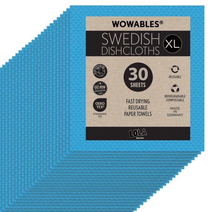 WOWABLES XL SWEDISH DISHCLOTHS 30 REUSABLE ECO CLEANING CLOTHS 11 X 10 ULTRA ABSORBENT CELLULOSE SPONGE TOWEL COMPOSTABLE MADE IN GERMANY