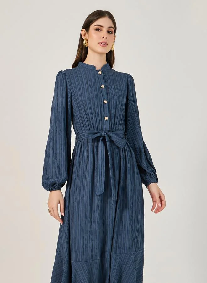 Styli Belted Textured Midi Dress