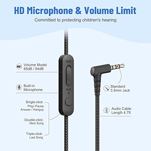 rockpapa Share 1 Kids Headphones Wired with Microphone & Share Port, 85dB/94dB Volume Limited, Cute Foldable Student Child Boys Girls Headphones for School/Classroom/Travel Black/Grey - Image 4