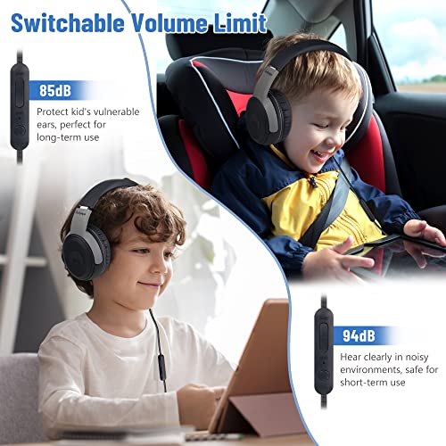 rockpapa Share 1 Kids Headphones Wired with Microphone & Share Port, 85dB/94dB Volume Limited, Cute Foldable Student Child Boys Girls Headphones for School/Classroom/Travel Black/Grey - Image 5