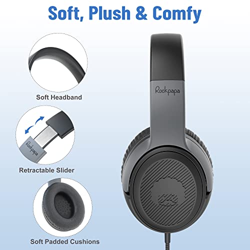 rockpapa Share 1 Kids Headphones Wired with Microphone & Share Port, 85dB/94dB Volume Limited, Cute Foldable Student Child Boys Girls Headphones for School/Classroom/Travel Black/Grey - Image 2