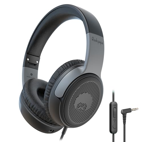 rockpapa Share 1 Kids Headphones Wired with Microphone & Share Port, 85dB/94dB Volume Limited, Cute Foldable Student Child Boys Girls Headphones for School/Classroom/Travel Black/Grey - Image 1