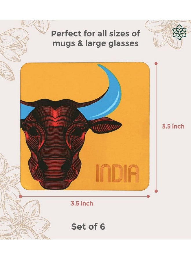 MaatirDesigns Maatir Buffalo Line Art Print India Souvenir Yellow Coasters (Set of 6) | Coaster Set for Tea, Coffee & Cocktails | Perfect for Home Parties, Cocktail Parties | Tabletop Protection | Set of 6 Coasters - Image 3