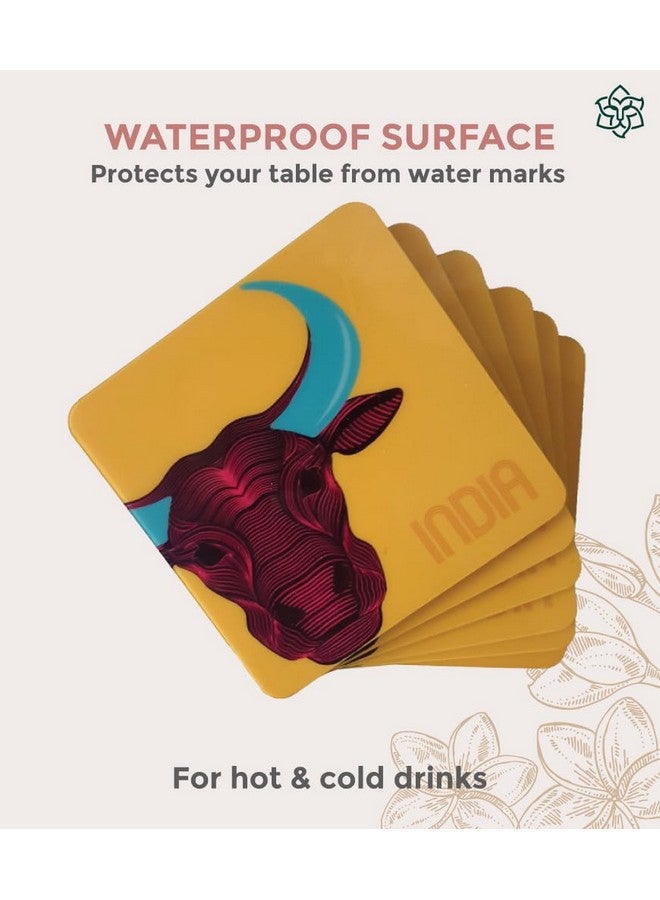 MaatirDesigns Maatir Buffalo Line Art Print India Souvenir Yellow Coasters (Set of 6) | Coaster Set for Tea, Coffee & Cocktails | Perfect for Home Parties, Cocktail Parties | Tabletop Protection | Set of 6 Coasters - Image 2