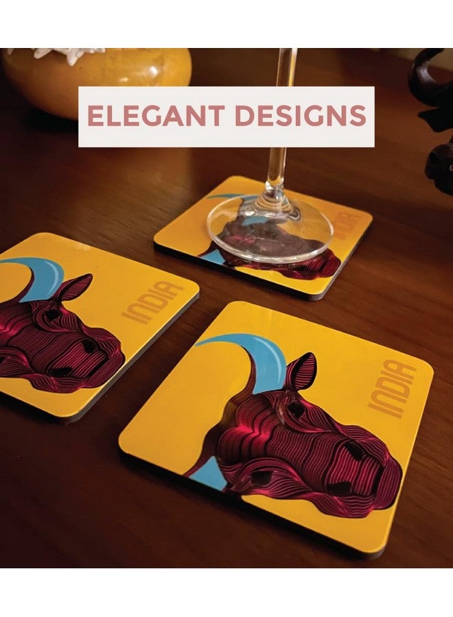 MaatirDesigns Maatir Buffalo Line Art Print India Souvenir Yellow Coasters (Set of 6) | Coaster Set for Tea, Coffee & Cocktails | Perfect for Home Parties, Cocktail Parties | Tabletop Protection | Set of 6 Coasters - Image 4