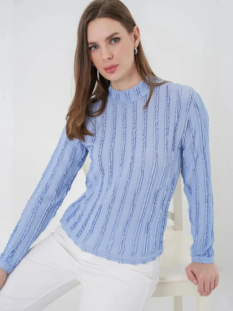 Big Dart Maya Blue BDART Textured Slim Fit Half Turtleneck Blouse for Women | Best Price UAE