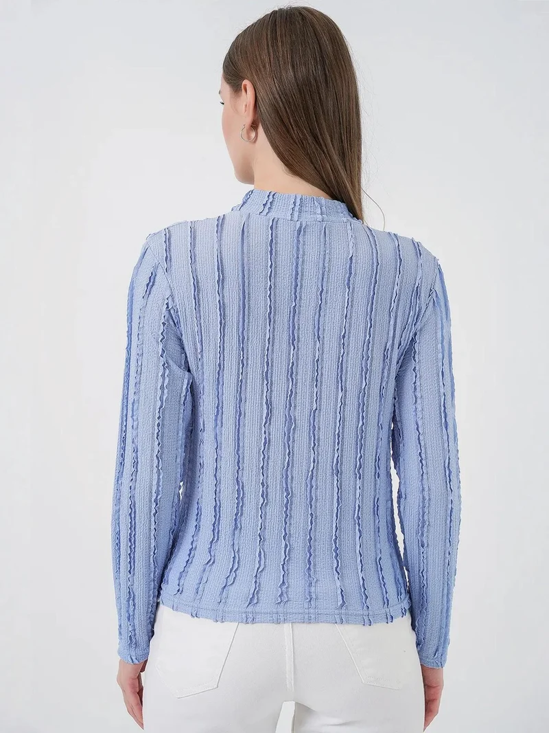 Big Dart Maya Blue BDART Textured Slim Fit Half Turtleneck Blouse for Women | Best Price UAE