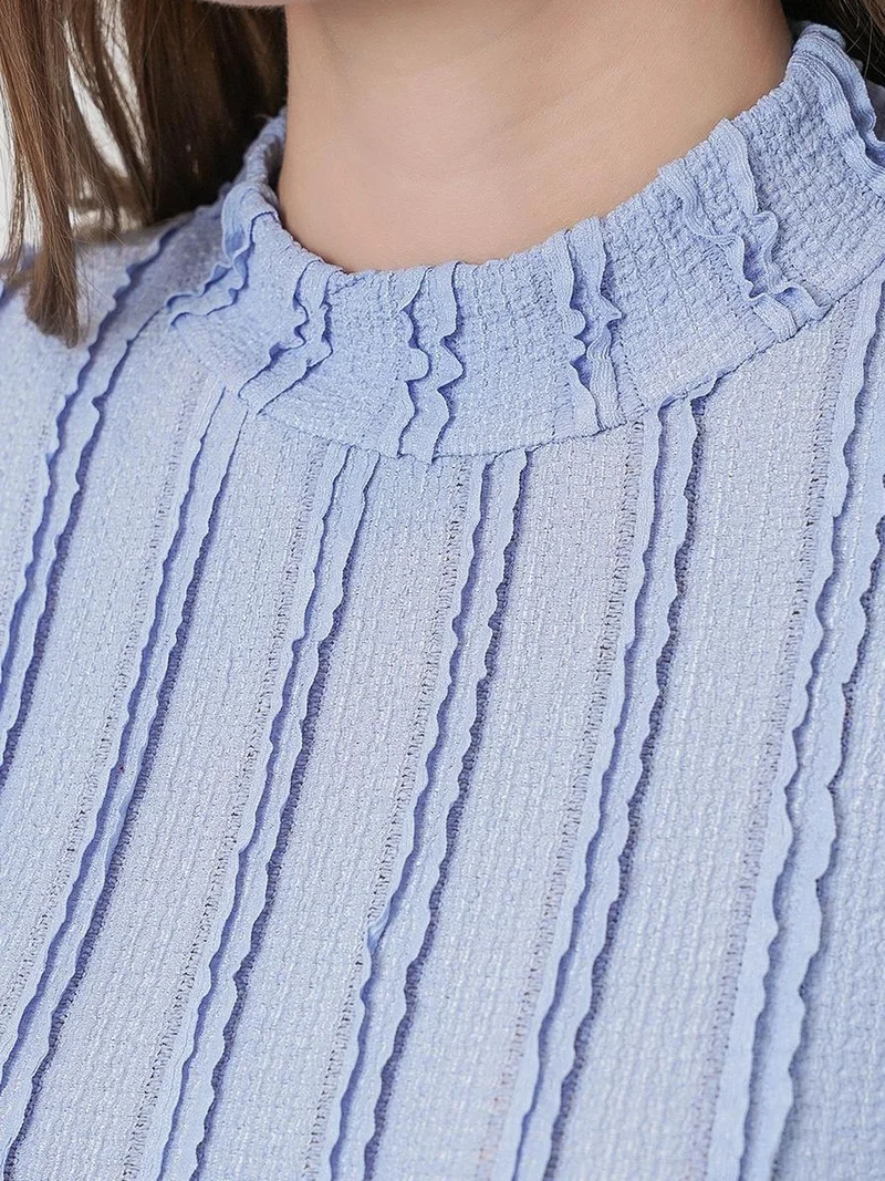 Big Dart Maya Blue BDART Textured Slim Fit Half Turtleneck Blouse for Women | Best Price UAE