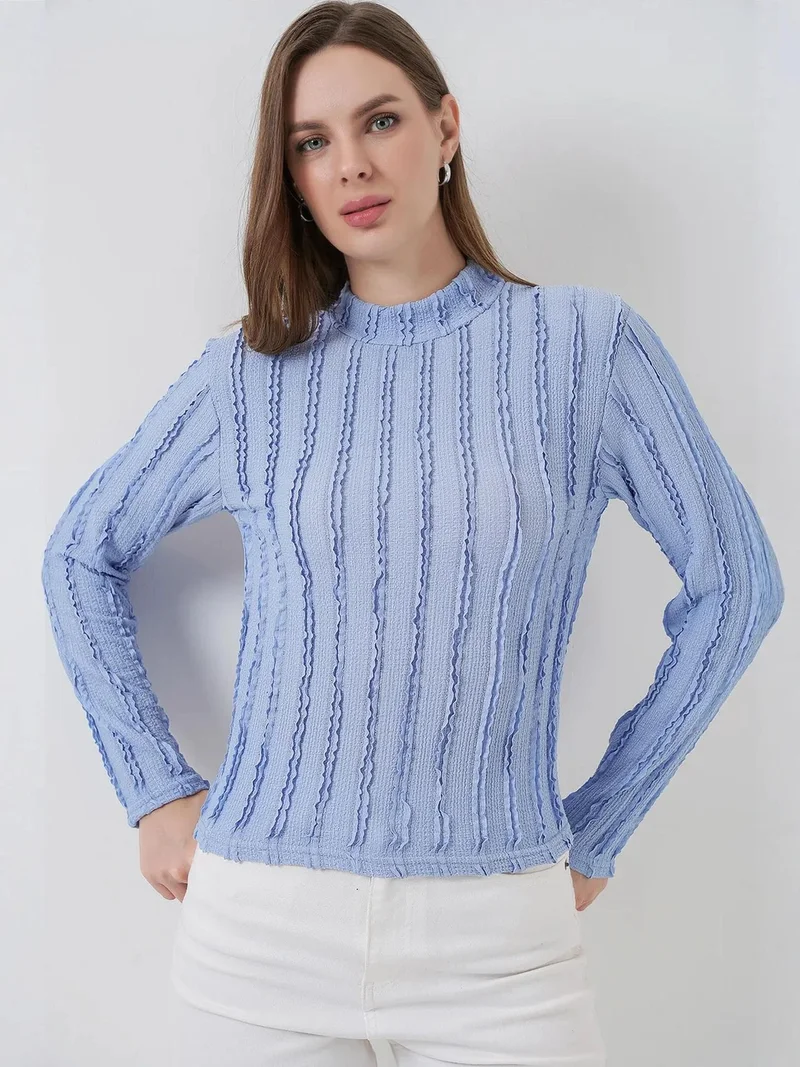 Big Dart Maya Blue BDART Textured Slim Fit Half Turtleneck Blouse for Women | Best Price UAE