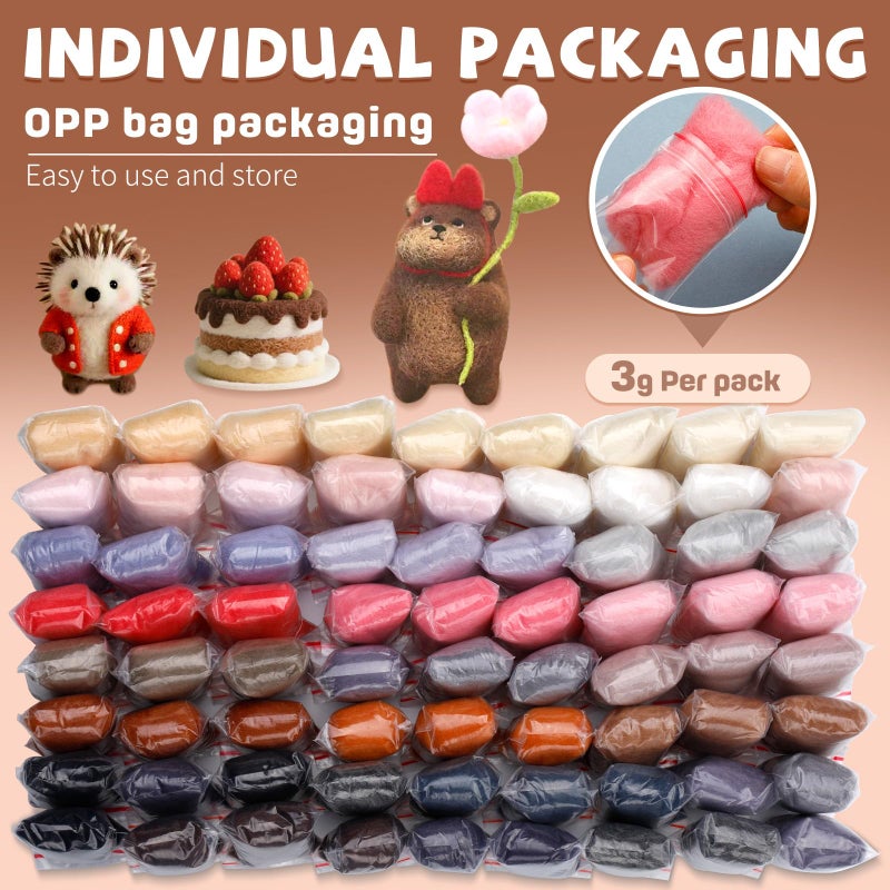 Mayboos 72 Pcs Needle Felting Wool, 24 Colors 7.6 oz Wool Roving Yarn, Fiber Wool Roving for Beginners DIY Hand Spinning Needle Felting Wool Craft 3g/Pack - Image 2
