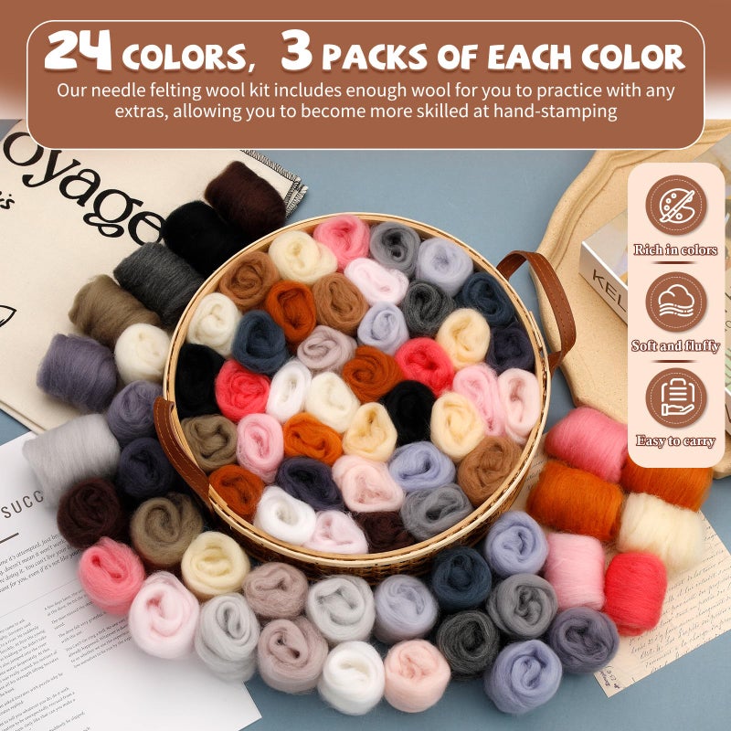 Mayboos 72 Pcs Needle Felting Wool, 24 Colors 7.6 oz Wool Roving Yarn, Fiber Wool Roving for Beginners DIY Hand Spinning Needle Felting Wool Craft 3g/Pack - Image 3