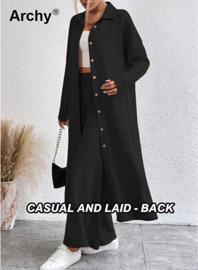 Archy Women's 2-Piece Autumn Set: Long Shirt with Drop Shoulders & Wide-Leg Pants | Loose Fit, Classic Black for Work & Casual Outfits Solid Button Front Shirt Co-Ord Set - Image 3