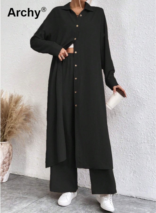 Archy Women's 2-Piece Autumn Set: Long Shirt with Drop Shoulders & Wide-Leg Pants | Loose Fit, Classic Black for Work & Casual Outfits Solid Button Front Shirt Co-Ord Set - Image 5