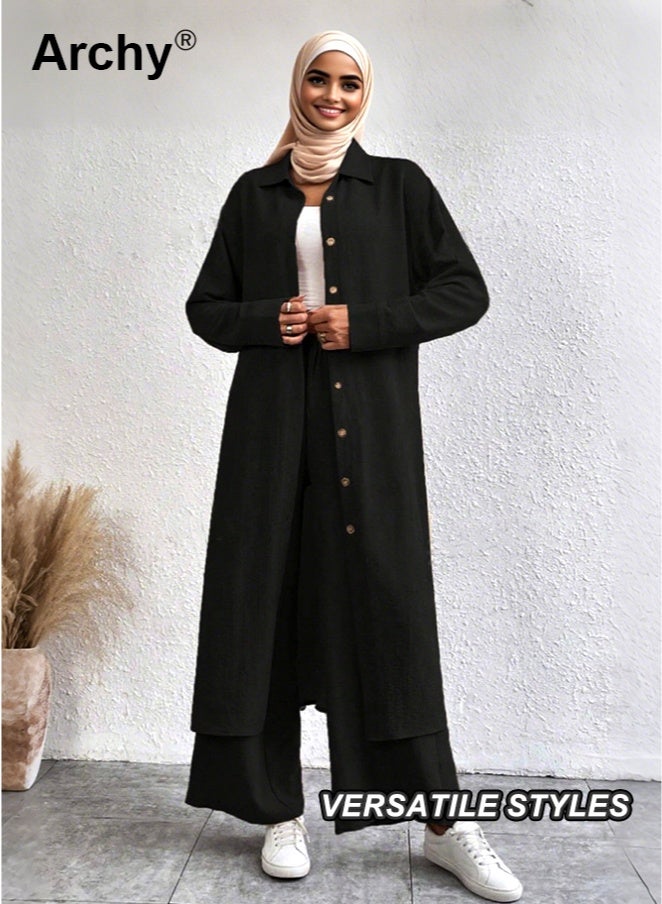 Archy Women's 2-Piece Autumn Set: Long Shirt with Drop Shoulders & Wide-Leg Pants | Loose Fit, Classic Black for Work & Casual Outfits Solid Button Front Shirt Co-Ord Set - Image 2