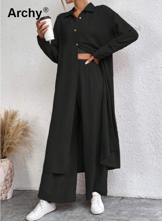 Archy Women's 2-Piece Autumn Set: Long Shirt with Drop Shoulders & Wide-Leg Pants | Loose Fit, Classic Black for Work & Casual Outfits Solid Button Front Shirt Co-Ord Set - Image 4