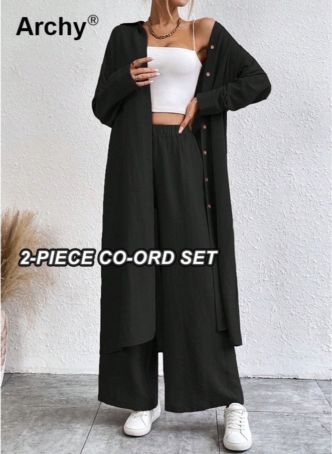 Archy Women's 2-Piece Autumn Set: Long Shirt with Drop Shoulders & Wide-Leg Pants | Loose Fit, Classic Black for Work & Casual Outfits Solid Button Front Shirt Co-Ord Set - Image 1
