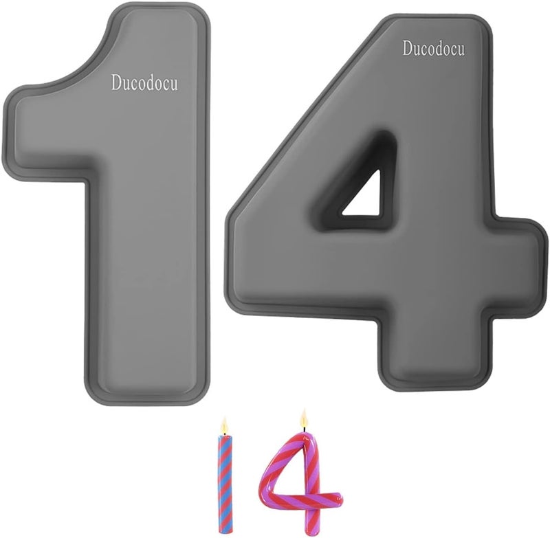 Ducodocu Silicone Number Cake Pan Large 3D Number Cake Mold Baking Forms Novel Cake Tins DIY Baking Mold for 15/51th Birthday Wedding Anniversary 10 inch Number of 1&4 Grey, Purple - Image 1