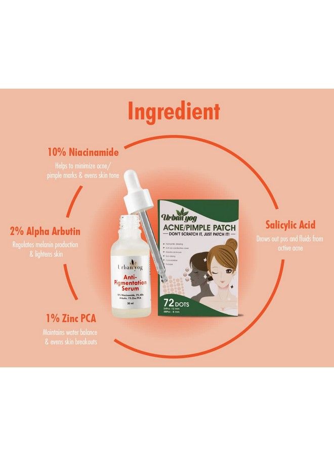 Urban yog Face Care Combo Kit Antipigmentation Serum (30 Ml) And Acne Pimple Patch (72 Dots) For And Clear Skin With 100% Hydrocolloid 10% Niacinamide; For Acne And Dark Spots; For All Skin Types - Image 5