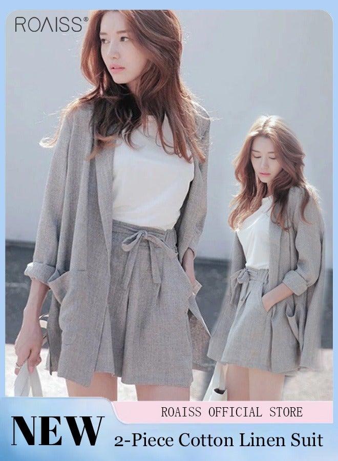 roaiss Women's 2-Piece Cotton Linen Set Lightweight Small Suit Jacket And Casual Loose Fitting Wide Leg Shorts  - Image 1