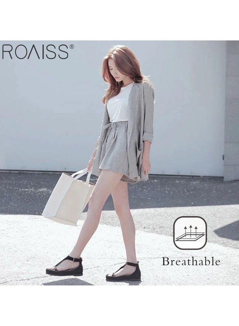 roaiss Women's 2-Piece Cotton Linen Set Lightweight Small Suit Jacket And Casual Loose Fitting Wide Leg Shorts  - Image 3