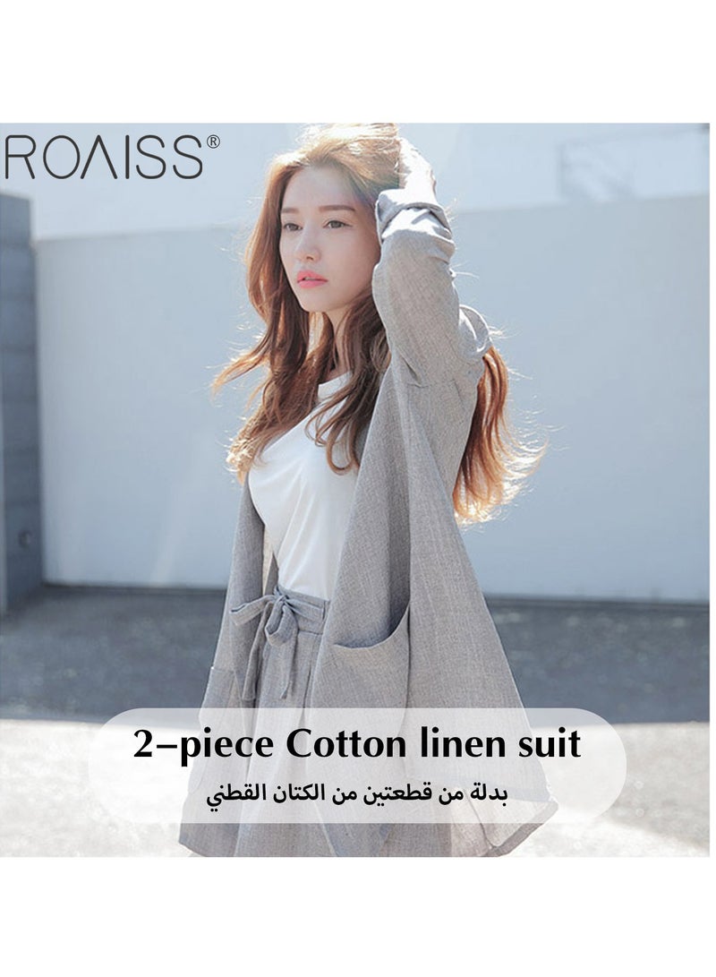 roaiss Women's 2-Piece Cotton Linen Set Lightweight Small Suit Jacket And Casual Loose Fitting Wide Leg Shorts  - Image 2