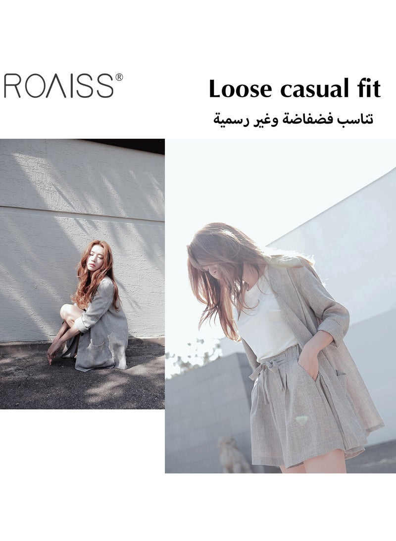 roaiss Women's 2-Piece Cotton Linen Set Lightweight Small Suit Jacket And Casual Loose Fitting Wide Leg Shorts  - Image 5