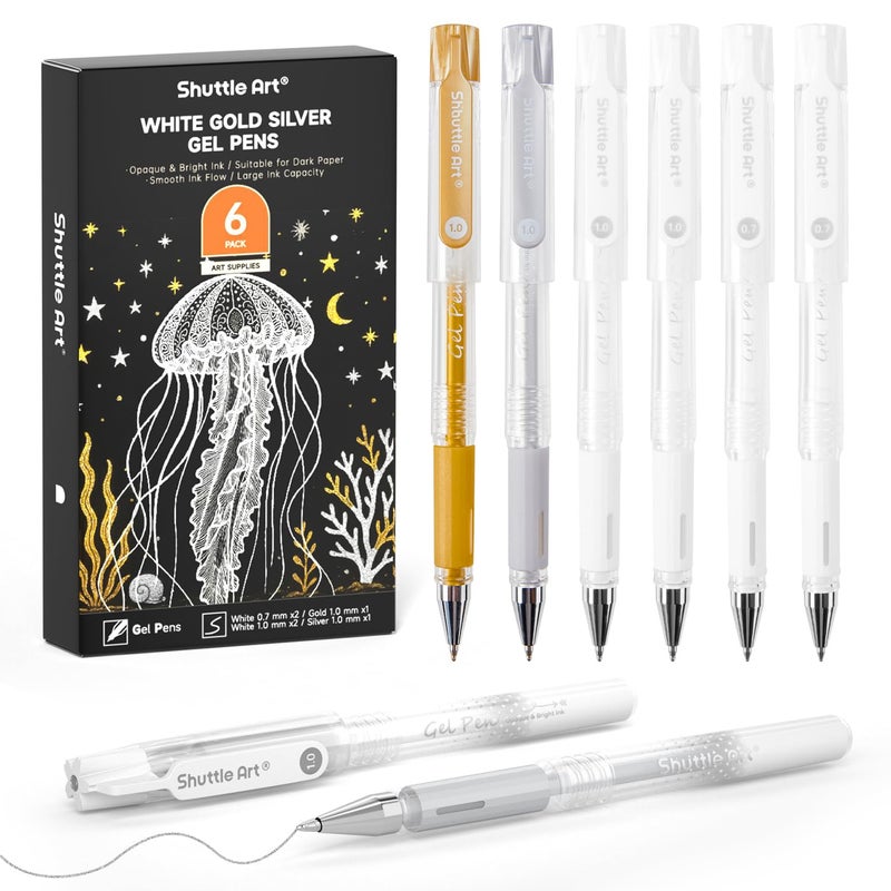 Shuttle Art White Gold Silver Gel Pens, 6 Pack 0.7mm, 1.0mm Metallic Gel Ink Pens Fine Point for Black Paper Highlighting Card Making Scrapbooking Coloring Writing Drawing School Office Home - Image 1