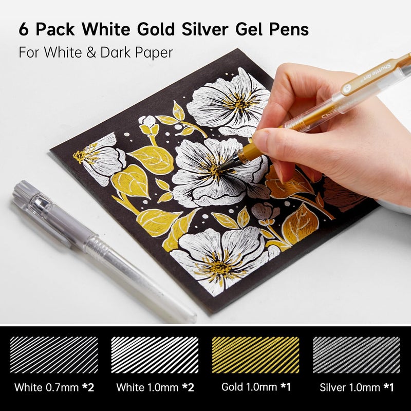 Shuttle Art White Gold Silver Gel Pens, 6 Pack 0.7mm, 1.0mm Metallic Gel Ink Pens Fine Point for Black Paper Highlighting Card Making Scrapbooking Coloring Writing Drawing School Office Home - Image 2