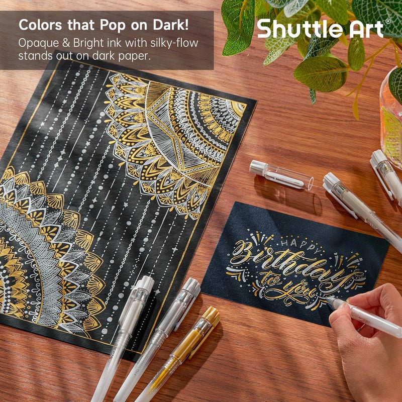 Shuttle Art White Gold Silver Gel Pens, 6 Pack 0.7mm, 1.0mm Metallic Gel Ink Pens Fine Point for Black Paper Highlighting Card Making Scrapbooking Coloring Writing Drawing School Office Home - Image 4