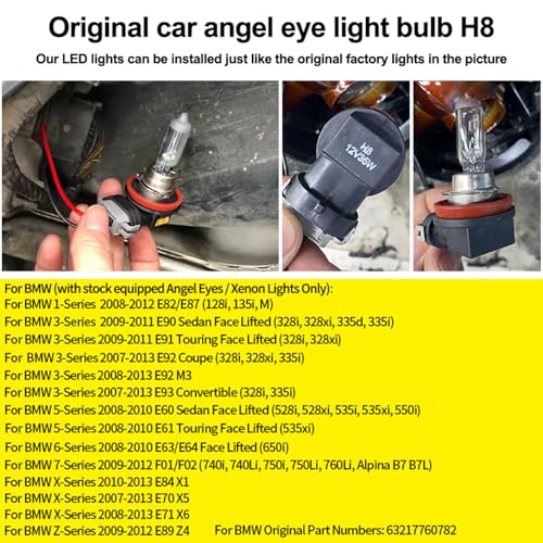 APMAT H8 LED Angel Eyes Halo Bulb Light Compatible For BMW E60 E61 E63 E64 E70 E90 E92 E70 E71 E82 E87 E89 1 3 5 Series X5/6 Z4/7 6000K Xenon Lamp 120W White - Image 2