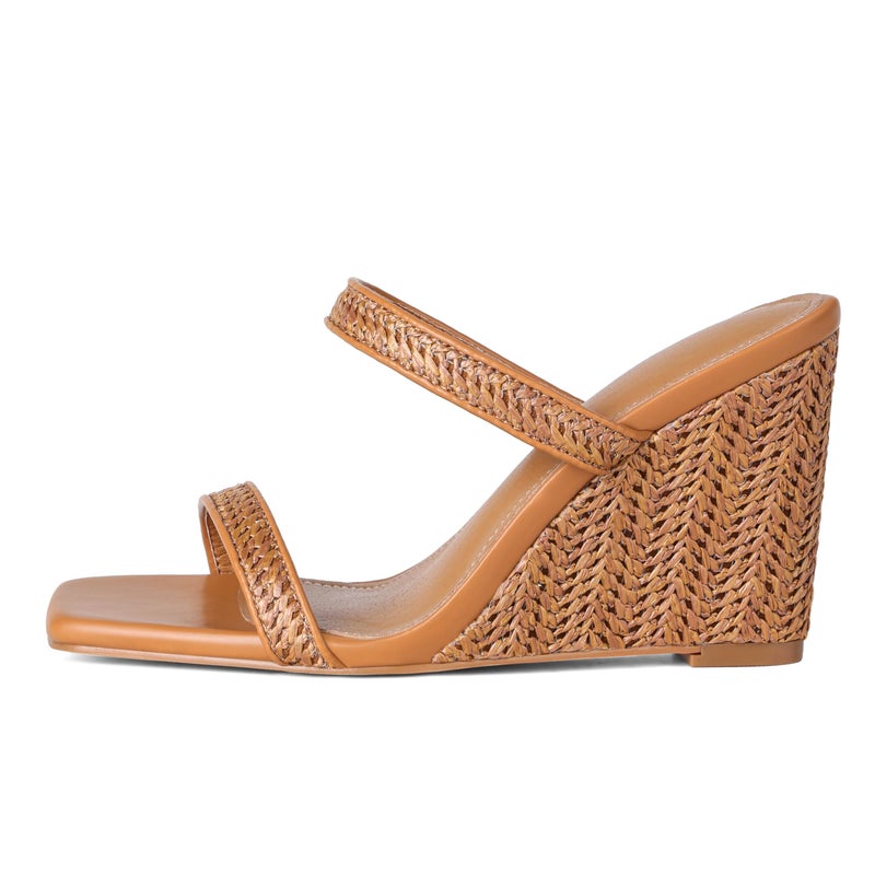 EQAUDES Womens Wedge Sandals Espadrilles Brown Heels - Minimalist, Slides, Square Toe, Two Strap, Beach Shoes, Vacation - Image 1