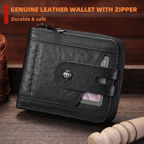BULLCAPTAIN Genuine Leather Men's Wallet with Zipper Vintage RFID Blocking Large Capacity Wallet for Men with 14 Credit Card Slots and 1 ID Window T23 (Black) - Image 2