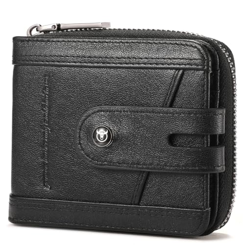 BULLCAPTAIN Genuine Leather Men's Wallet with Zipper Vintage RFID Blocking Large Capacity Wallet for Men with 14 Credit Card Slots and 1 ID Window T23 (Black) - Image 1