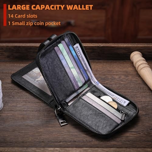 BULLCAPTAIN Genuine Leather Men's Wallet with Zipper Vintage RFID Blocking Large Capacity Wallet for Men with 14 Credit Card Slots and 1 ID Window T23 (Black) - Image 4