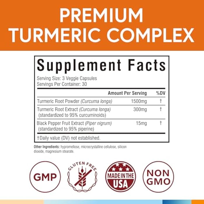 Terranics Turmeric Curcumin Supplement 1800mg, with Black Pepper 15mg for Maximum Absorption, 95% Curcuminoids, Mobility & Antioxidant Support, Made in USA, Non-GMO, No Gluten, 90 Vegan Capsules - Image 2