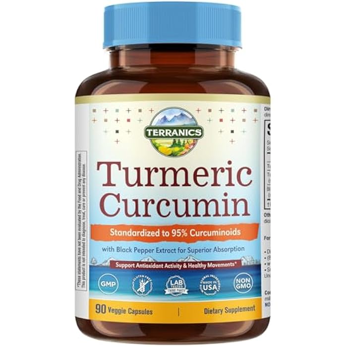 Terranics Turmeric Curcumin Supplement 1800mg, with Black Pepper 15mg for Maximum Absorption, 95% Curcuminoids, Mobility & Antioxidant Support, Made in USA, Non-GMO, No Gluten, 90 Vegan Capsules - Image 1
