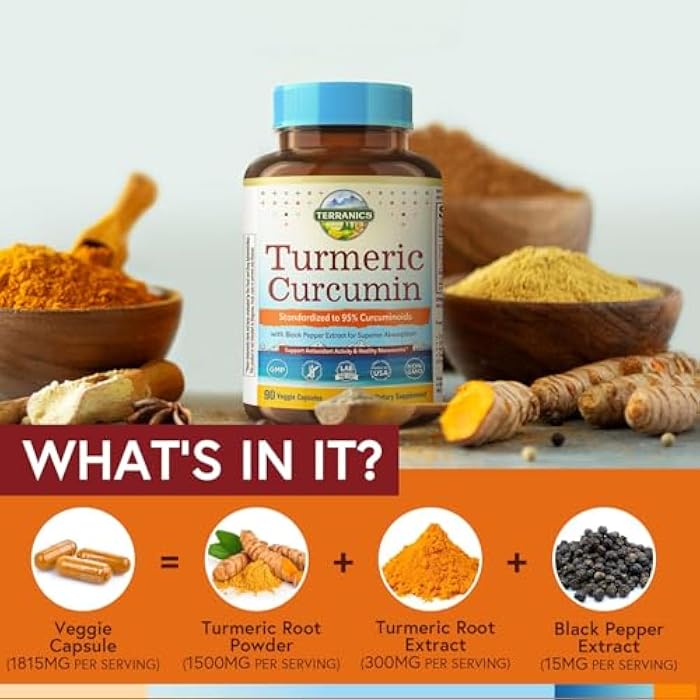 Terranics Turmeric Curcumin Supplement 1800mg, with Black Pepper 15mg for Maximum Absorption, 95% Curcuminoids, Mobility & Antioxidant Support, Made in USA, Non-GMO, No Gluten, 90 Vegan Capsules - Image 4