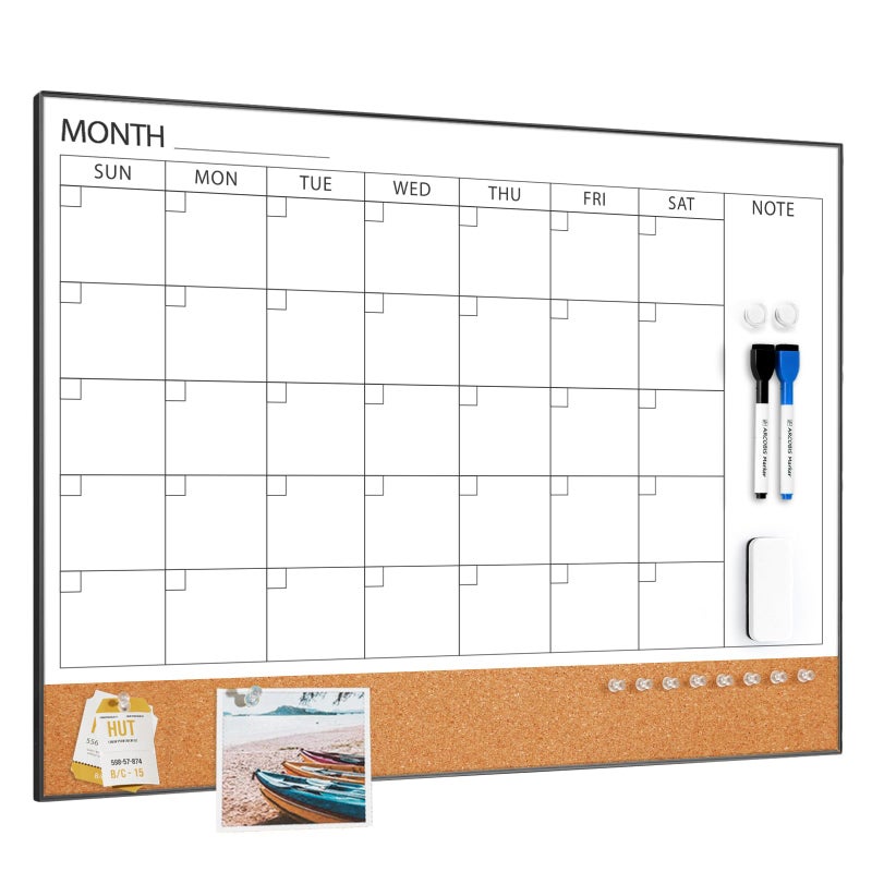 ARCOBIS Dry Erase Calendar with Cork Board for Wall, 24"x 18" Magnetic Calendar Whiteboard with Black Frame, Monthly Combination Board for School, Home, Office - Image 1